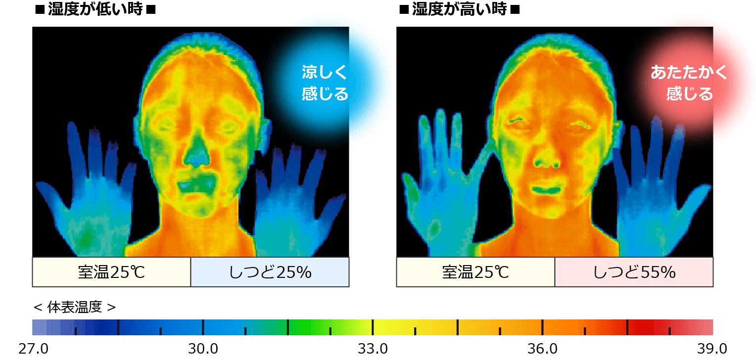 ■湿度が低い時 室温25℃しつど25% 涼しく感じる。■湿度が高い時 室温25℃ しつど55% あたたかく感じる